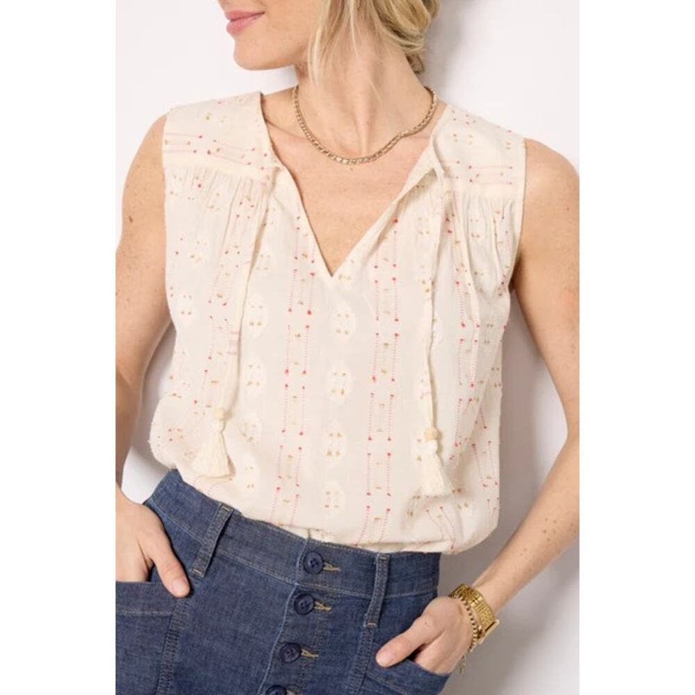 Faherty Skylar Sunburst Cream Tassel Tank Top Medium Desert Boho Organic Cotton